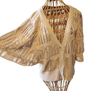 Women's Crochet Tan Short Sleeve Open Knit Sweater Top Medium Cottagecore Layer